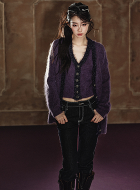 AGAM 慵懒风撞色V领叠穿层次感修身马甲背心宽松版型毛衣开衫套装