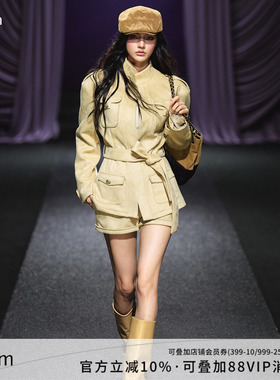 AGAM 流沙粉金立领麂皮绒夹克收腰外套/小香风短裤套装两件套女