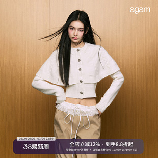 AGAM 开春斗篷披肩上衣女白色短款气质高级修身毛衣麻花针织开衫