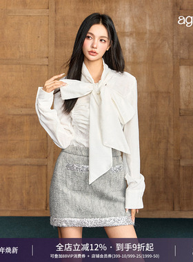 AGAM 原创设计白色系带蝴蝶结衬衫辣妹修身丝绒氛围感上衣女