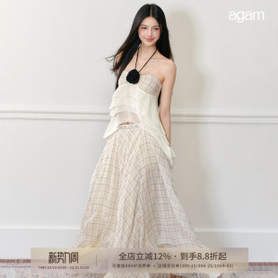AGAM 夏日度假玫瑰挂脖吊带抹胸 优雅灵动格纹捏褶长裙不规则套装