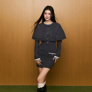 AGAM 秋冬灰色复古气质假两件设计披肩式斗篷毛衣针织短款连衣裙