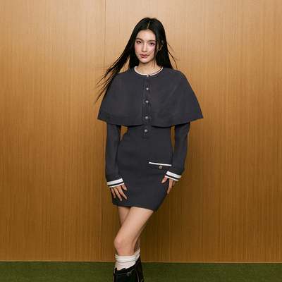 复古斗篷披肩针织连衣裙