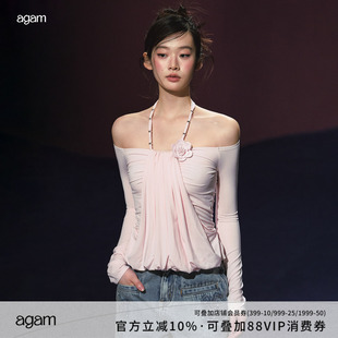 AGAM 莱塞尔假两件挂脖上衣 抽褶花朵一字肩长袖T恤