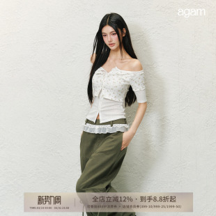 修身 上衣 显瘦T恤女 莱赛尔一字肩假两件拼接撞色高级感中袖 AGAM