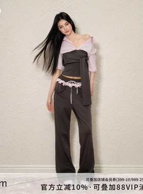 AGAM 原创假两件撞色休闲拼接绑带上衣 花边腰头宽松卫裤套装女