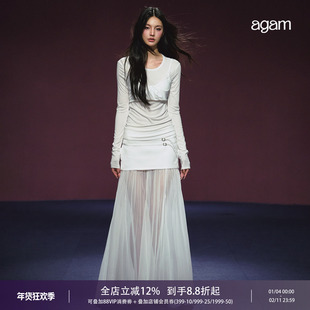 AGAM  莱赛尔假两件半透长袖上衣 半透飘逸纱裙半裙套装