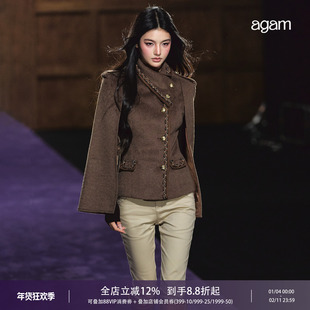 AGAM 小香风羊毛毛呢披肩斗篷外套女2025冬季高级感短款呢子大衣