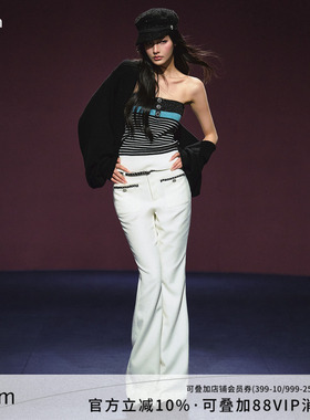 AGAM 原创中低腰细闪小香编织撞色腰带微喇长裤