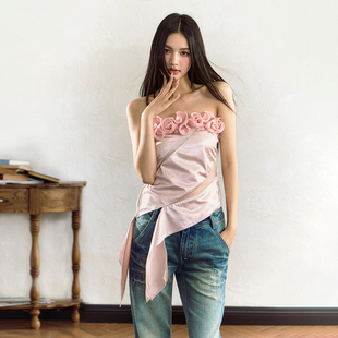 AGAM 甜美纯欲玫瑰花网纱拼接不规则下摆修身收腰抹胸上衣女夏季