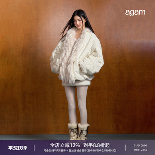 AGAM 软糯毛领廓形宽松加厚棉衣中长款冬季保暖白色棉服夹克外套