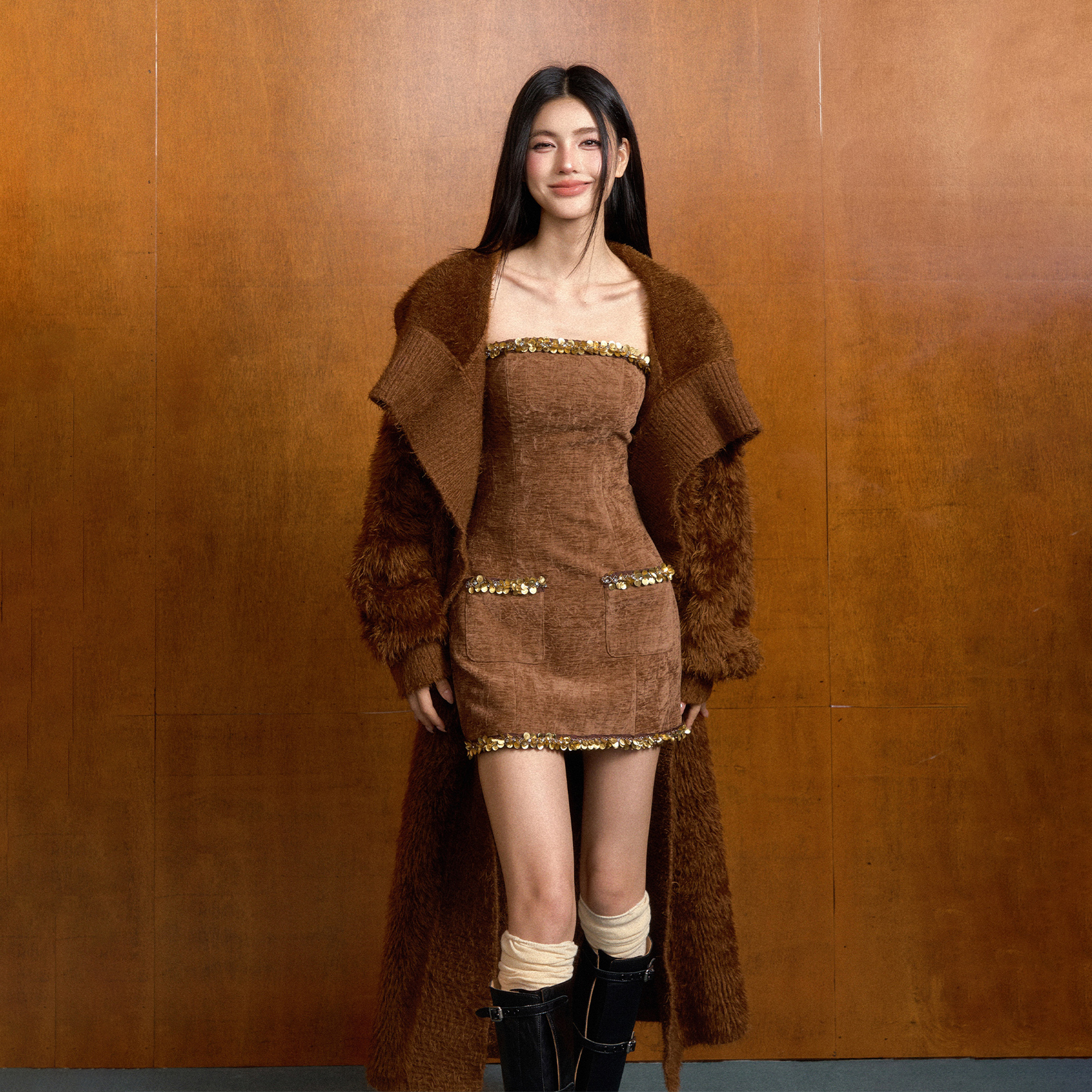 AGAM小香风抹胸裙+毛衣开衫套装