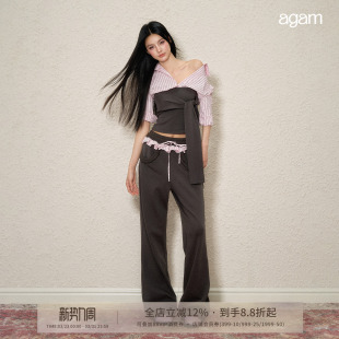 套装 花边腰头宽松卫裤 女 原创假两件撞色休闲拼接绑带上衣 AGAM