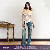AGAM 女 休闲百搭直筒长裤 原创设计破洞低腰洗水蓝修身 阔腿牛仔裤