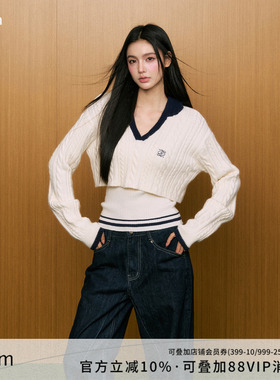 AGAM 秋冬撞色V领连帽短款针织毛衣两件套百搭设计感白色打底上衣