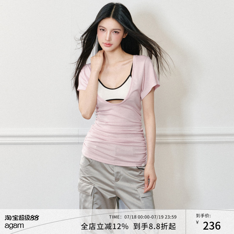 AGAM设计感撞色真两件U领上衣