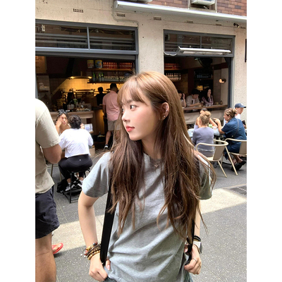 纯棉美式灰色正肩短袖t恤女短款