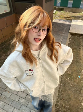 美式白灰色Kitty猫印花拉链开衫卫衣甜美减龄小个子秋冬连帽上衣
