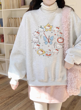 原创甜美白灰色HelloKitty圆领卫衣女2025新款秋冬加绒宽松学院风