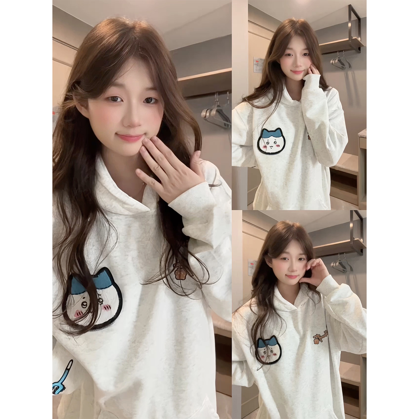 2025新款小八爆款卡通刺绣连帽白灰色卫衣小众设计感宽松叠穿上衣