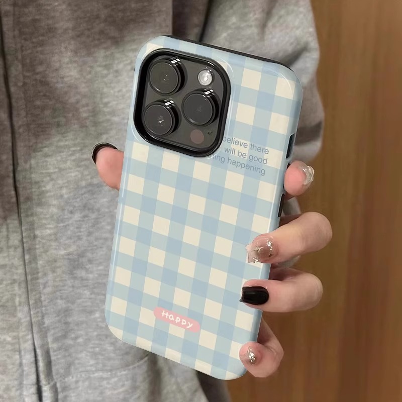 ins奶蓝色格子韩国菲林壳二合一苹果16promax手机壳iPhone15新款14promax磨砂13pro高级13防摔12日韩11保护壳