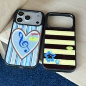 原创条纹爱心扶桑花银镀黑框ins苹果防摔手机壳适用于iPhone17promax新款 华为mate70小米17保护套小众华为p80