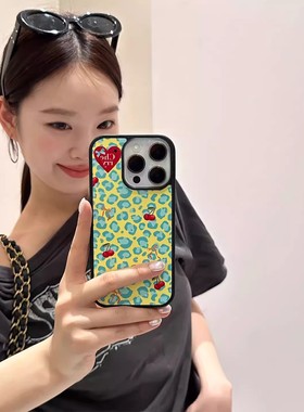 甜酷绿色豹纹樱桃亚克力黑边适用于苹果iPhone17promax手机壳1615pro小米1415Pro华为mate60p70三星S23保护套
