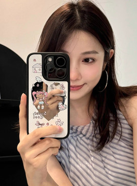 ins小众黑皮KT猫咪波点爱心镜面少女可爱手机壳适用苹果iPhone17promax高级感保护套小众16plus15pro14防摔13