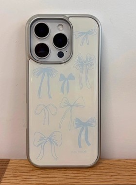 ins风小众甜美蓝色蝴蝶结滴胶银边手机壳适用苹果iPhone17promax高级感气质保护套16plus亮面15pro14防摔13