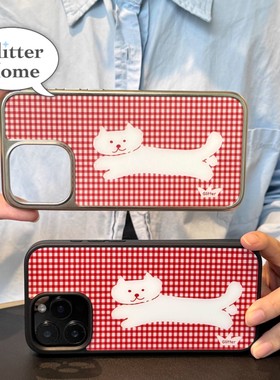 可爱红色格纹小猫韩系新款银边手机壳适用苹果iPhone17promax高级感保护套小众16plus亮面15pro14防摔13气质