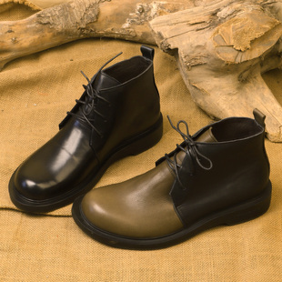 秋冬新款高帮真皮休闲皮鞋男头层牛皮厚底系带马丁靴大码加绒男鞋