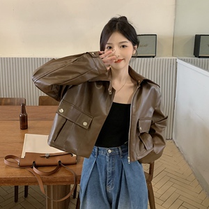 女皮衣短款2023春秋新款爆款美式复古棕色皮夹克机车真皮港风短款
