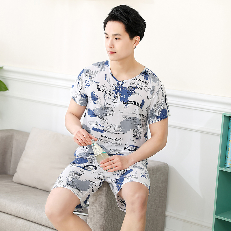 3夏季棉绸睡衣男士短袖空调服人造棉家居服夏天青少年薄款绵绸套装