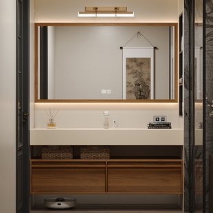 双层中古风浴室柜岩板热弯无缝陶瓷一体盆卫生间洗脸洗漱台盆定制