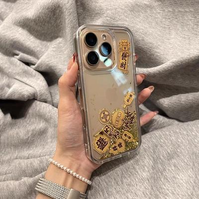 金箔色流动财神爷发财手机壳17适用苹果16promax新款iPhone15国风14防摔女13国潮文字12创意双层透明全包
