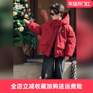 可溯源90白鸭绒高充绒红色男童羽绒服 儿童冬季泡芙工装三防外套