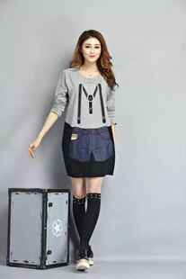 佐雅淇印染贴布刺绣背带裤中长款长袖圆领T恤女春装新品下装失踪t