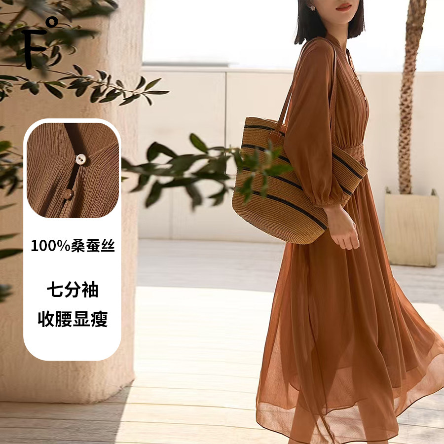 100%桑蚕丝七分袖真丝连衣裙修身显瘦气质优雅度假2025夏季新款女