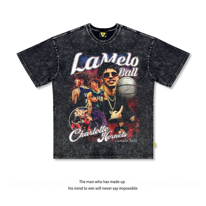 三球鲍尔LaMelo Ball数码直喷美式高街圆领复古重磅水洗短袖纯棉