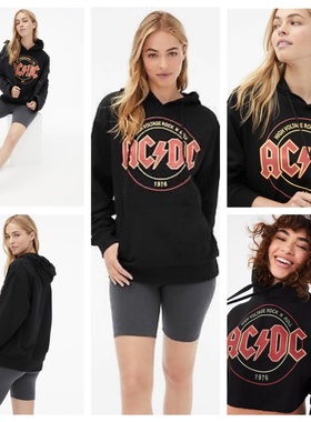 断码福利纯原女款摇滚乐队acdc黑色连帽复古套头卫衣薄绒