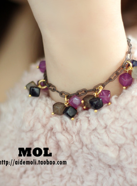 韩国进口饰品AZNAVOUR/AZ 多彩灰色淡紫军绿剔透小方块细链手链