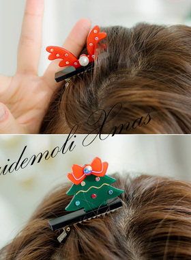 韩国进口发饰RenaC/RC圣诞节麋鹿小鹿角圣诞树发夹鸭嘴夹边夹发卡