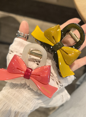 韩国进口发饰AZNAVOUR/AZ豹纹/芥末黄蝴蝶结8cm鲨鱼夹抓夹发抓