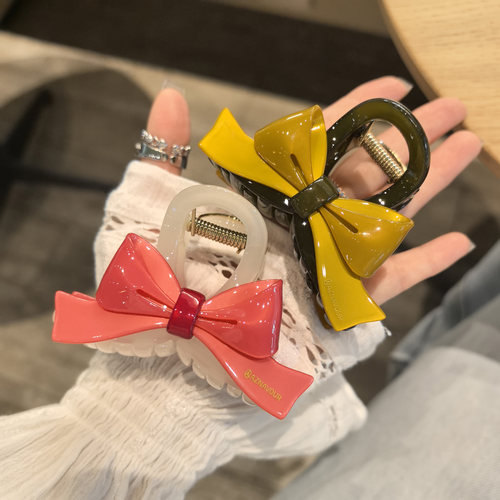 韩国进口发饰AZNAVOUR/AZ豹纹/芥末黄蝴蝶结8cm鲨鱼夹抓夹发抓