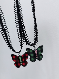 韩国进口AZNAVOUR AZ饰品红色绿色格子蝴蝶黑色chocker短项链