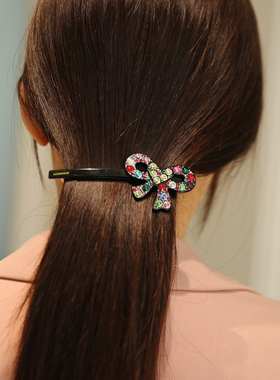 韩国进口发饰AZNAVOUR/AZ满钻彩钻镂空蝴蝶结黑色底弹簧夹发夹