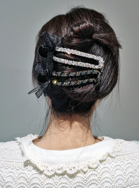 aidemoli韩国进口发饰东大门爆水钻灰色闪钻蝴蝶结横夹鸭嘴夹发夹