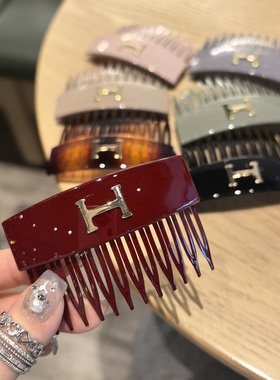 LERYAE韩国进口发饰BY复古字母显白酒红玳瑁色黑色7cm发梳倒插梳