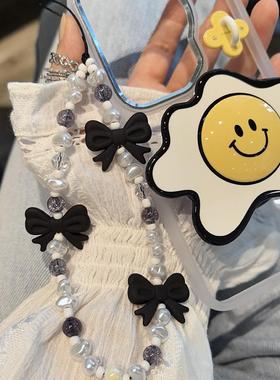 leryae韩国进口手机链珍珠水晶爱心黑色蝴蝶结手机挂件装饰配饰