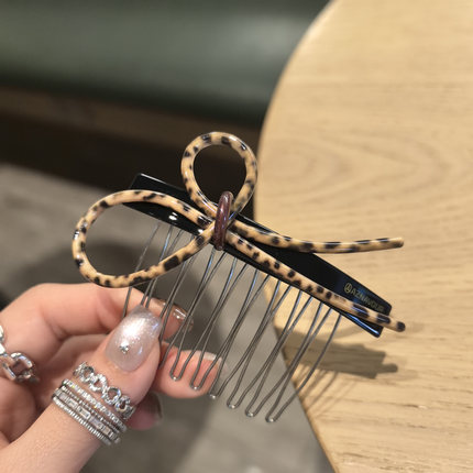 韩国进口AZNAVOUR AZ发饰9齿不对称丝带蝴蝶结豹纹倒插梳发梳